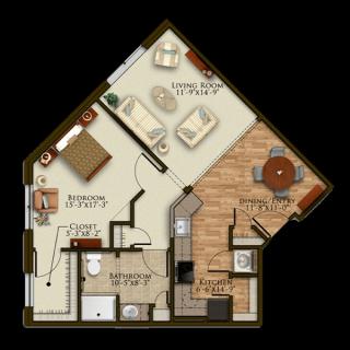 A floor plan of a one-bedroom apartment featuring a living room, kitchen, dining area, and bathroom.