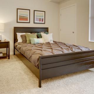 A cozy and modern bedroom featuring a neatly made bed with multiple pillows, bedside table with a lamp, and framed artwork on the wall.