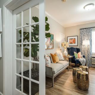 A modern living room with cozy seating, decorative pillows, and a large leafy plant, illuminated by natural light.