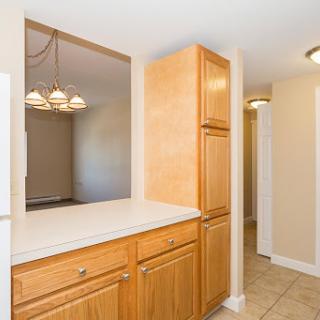A modern kitchen featuring wooden cabinets and a spacious countertop.