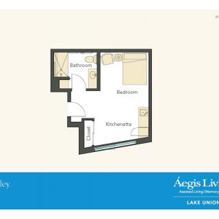 A simple floor plan showing the layout of a small apartment with designated areas for a bedroom, bathroom, and living space.