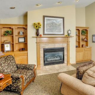 A cozy living room with a fireplace, decorated with armchairs and wooden bookshelves.
