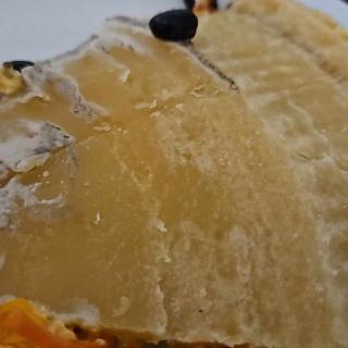 Close-up view of a gourmet cheese slice.