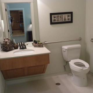 A clean, accessible bathroom with a sink, toilet, and wall decor.