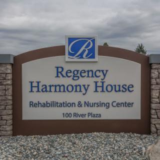 Sign for Regency Harmony House, a Rehabilitation and Nursing Center.