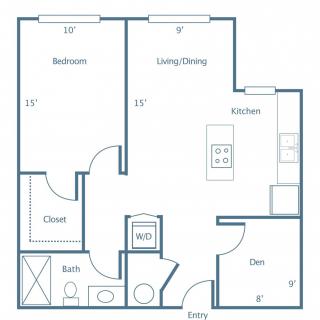 A floor plan of a one-bedroom apartment featuring a living/dining area, kitchen, bathroom, closet, and den.
