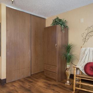 Cozy room corner with a wooden wardrobe and plants.