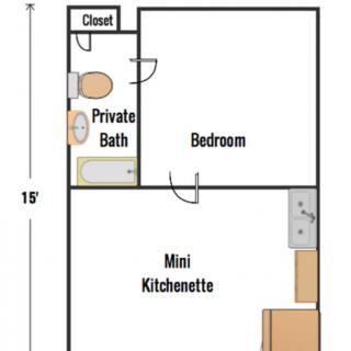 A floor plan of a studio apartment featuring a bedroom, private bath, closet, and mini kitchenette.