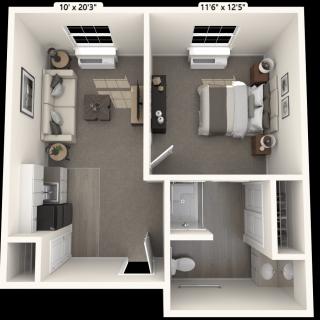 A 1-bedroom apartment floor plan showcasing the layout of the living room, bedroom, bathroom, and kitchen area.