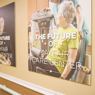 A visual representation promoting the future of Mayfair Care Center, emphasizing rehabilitation and senior care.