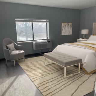 A modern and minimalist bedroom featuring a comfortable bed, sleek furniture, and ample natural light.