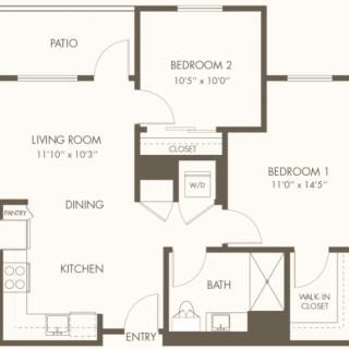 Two-bedroom apartment floor plan with kitchen, living room, bathroom, and dining area.