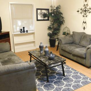 A cozy living room with two sofas, a marble coffee table, and decorative elements including an indoor plant and artwork.
