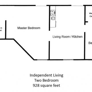 A floor plan of a two-bedroom independent living apartment, measuring 928 square feet.