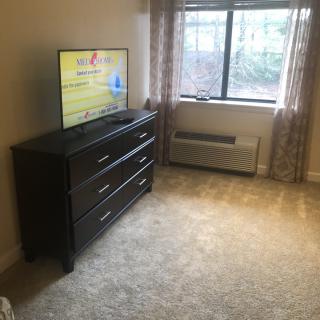 A neatly arranged bedroom with a dresser and television beside a window.