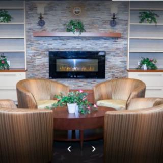 A cozy seating area with four chairs arranged around a central table, featuring a modern fireplace and decorative plants.