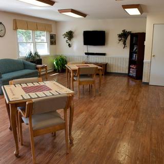 A cozy living room with wooden flooring, featuring a TV, sofa, tables, chairs, and decorative plants.