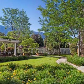 A beautifully landscaped garden with a lush lawn, trees, and a pathway under a clear blue sky.