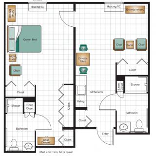Floor plan of a two-bedroom apartment with labeled rooms and furniture layout.