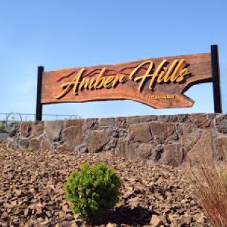 Welcome to Amber Hills: A beautifully crafted wooden sign marking the entrance.