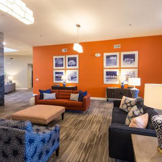 A modern living room with vibrant orange walls and stylish furniture.