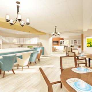 A contemporary kitchen and dining area featuring modern furnishings and an open layout.