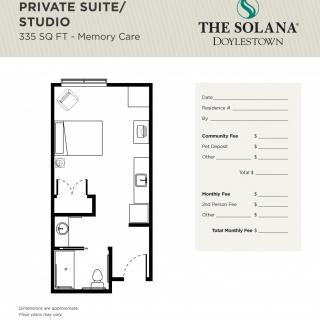Floor plan of a private suite/studio designed for memory care at The Solana Doylestown.