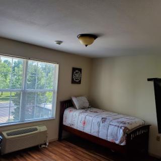 A cozy and simple bedroom featuring a single bed, large window allowing natural light, and wooden flooring.