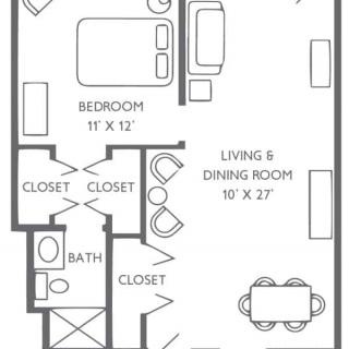 A floor plan of a one-bedroom apartment with living and dining areas.