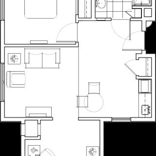 A floor plan layout of a residential apartment, featuring a bedroom, living area, kitchen, and bathroom.