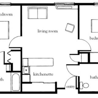 A floor plan showing the layout of an apartment with rooms labeled as living room, kitchenette, two bedrooms, and two bathrooms.