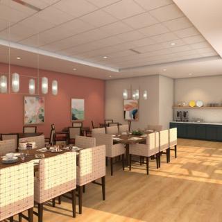 A modern restaurant dining area with stylish decor and seating.