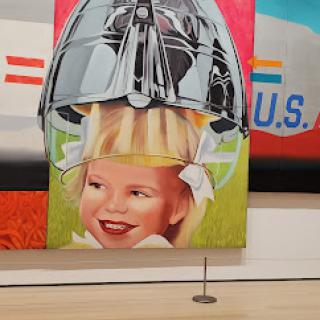 A vibrant painting depicting a smiling child wearing a helmet, combining elements of whimsy and nostalgia.