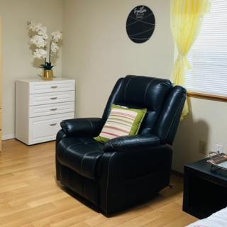 A cozy living room corner featuring a black leather armchair with a striped pillow, a white dresser with an orchid plant on top, and wooden flooring.