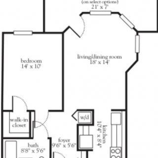 A detailed floor plan of an apartment, featuring a bedroom, bathroom, living/dining room, and kitchen.