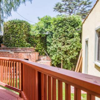 A sunny backyard with a wooden deck and lush greenery.