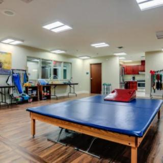A well-equipped physical therapy and rehabilitation clinic with various therapy tools and a large exercise mat.