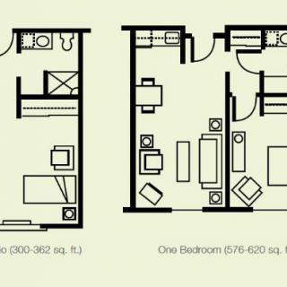 Floor plans for a studio and a one-bedroom apartment.