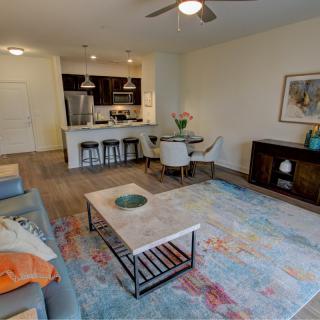 A modern open-plan living space featuring a colorful rug, comfortable seating, and an adjacent kitchen with bar stools.