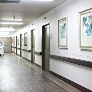 A well-lit hospital corridor featuring artwork on the walls.