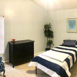 A minimalist bedroom with a single bed, chest of drawers, and decorative plant.