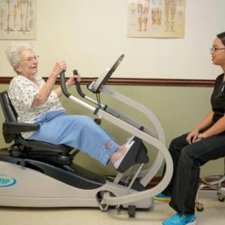 An elderly woman engages in physical therapy with assistance from a healthcare professional.