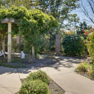 A serene garden pathway surrounded by lush greenery and trees.