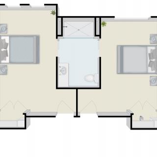 A floor plan showing a layout with two bedrooms and a central bathroom.