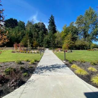 A scenic view of a park pathway lined with grass and trees under a clear blue sky.