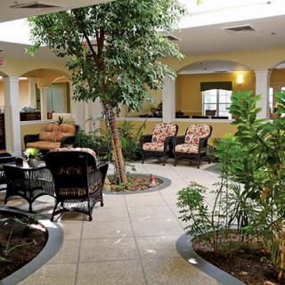A tranquil indoor garden with comfortable seating and abundant natural light.
