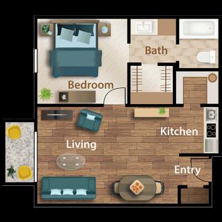 A floor plan of a one-bedroom apartment featuring a living room, kitchen, bathroom, bedroom, and balcony.