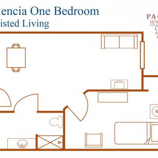 Floor plan of a Valencia one-bedroom assisted living apartment.