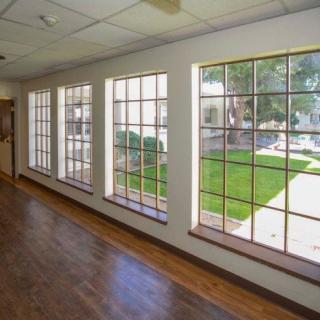 A hallway with large windows offering a view of the garden outside, allowing ample natural light to illuminate the wooden flooring.