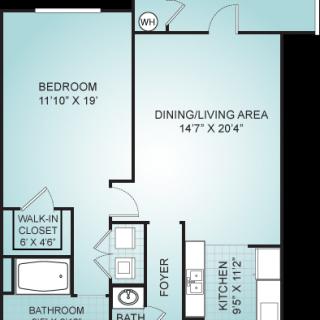 A floor plan showing a one-bedroom apartment layout with a living and dining area, kitchen, bathroom, and walk-in closet.